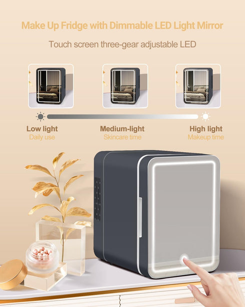 Mini Fridge for Skincare, 4L/6Can with Dimmable LED Light Mirror, Portable Cooler & Warmer for Bedroom, Office, Car,
