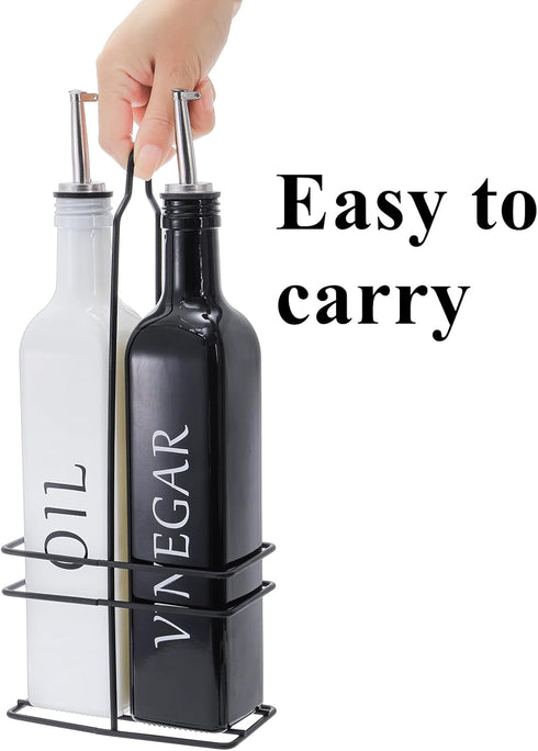 2 Pack Set 17oz Tebery Oil and Vinegar Dispenser with Caddy Holder, Black & White Olive Oil Dispenser Bottle, Cute