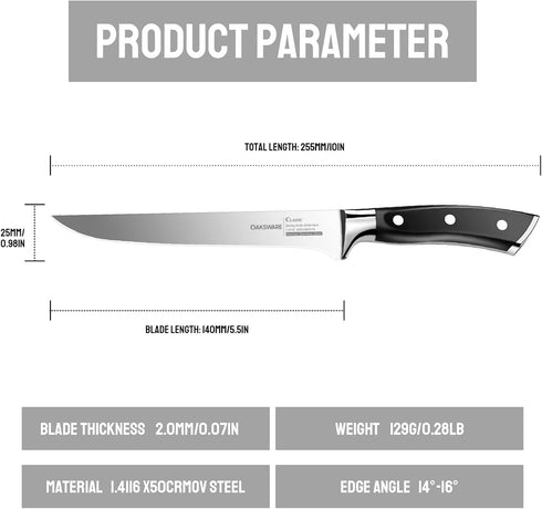 Boning Knife 5.5-Inch, German Stainless Steel, Full-Tang Kitchen Knife for Boning and Filleting