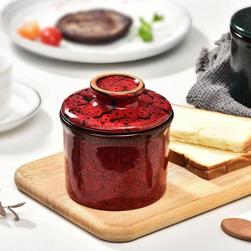Pottery Butter Keeper Crock, Ceramic Butter Dish with Water Line for Countertop, Keep Butter Fresh, Red