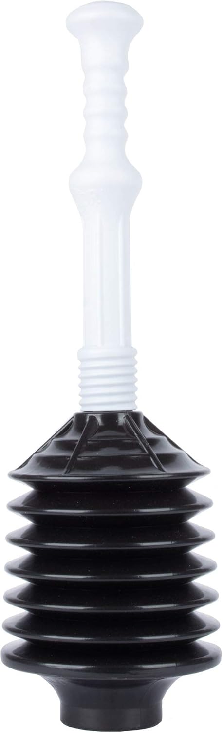 JS Jackson Supplies Professional Bellows Toilet Plunger, High Pressure Power Plunger for Heavy Duty Clogs, White & Black