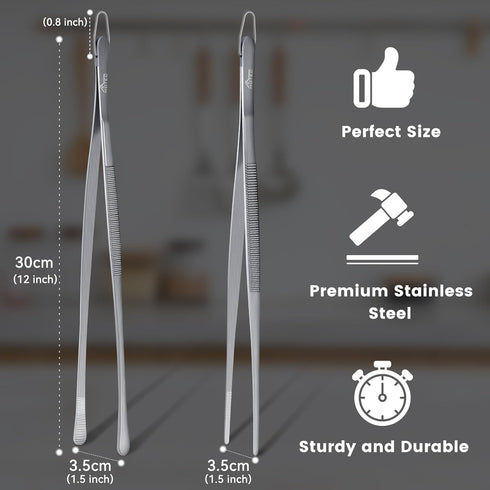 Hotec Stainless Steel Kitchen Tweezers Professional Kitchen Tongs for Cooking,Grill and Baking, Extra-Long Foood Tweezers, Set of 2-12inch