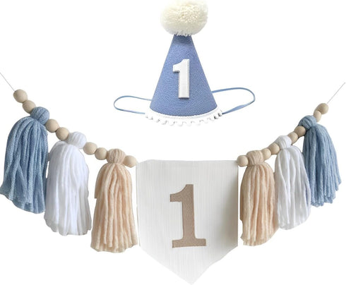 E0EHOHC 1st Birthday Decorations for Baby Boy Blue Handmade High Chair Banner with