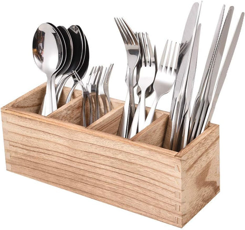 WuGeShop Wood Cutlery Caddy, Kitchen Utensil Organizer with 4 Compartments for Flatware Storage