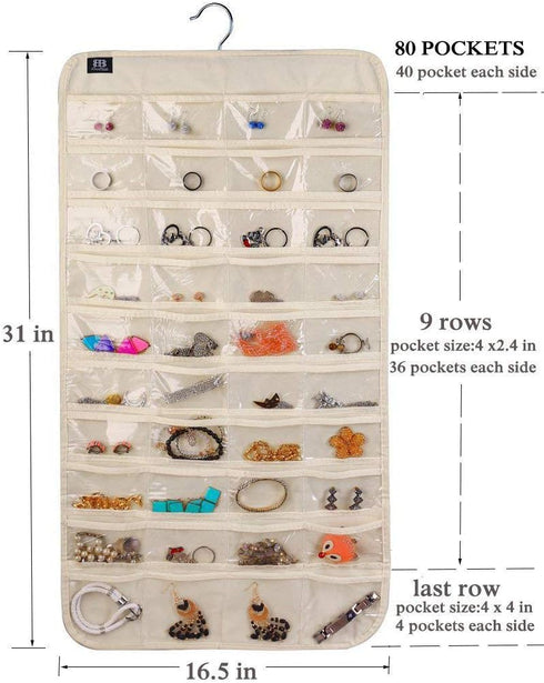 Hanging Jewelry Organizer, 80 Pocket Accessories Organizer for Holding Jewelry, Beige.