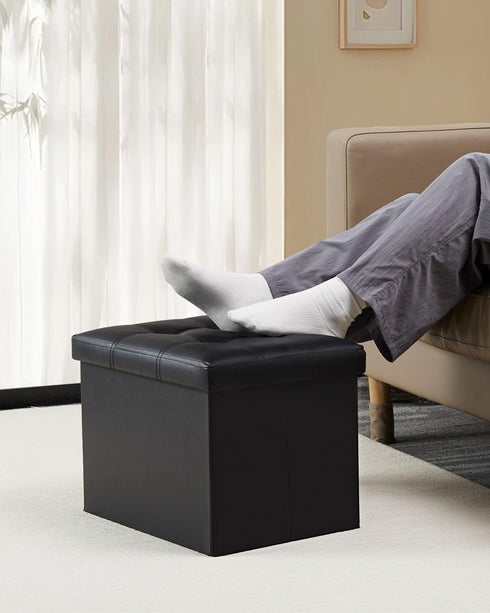 17x13x13in,Black Bsketa Storage Ottoman, Folding Foot Stool with Thicker Foam Padded Seat Small Leather Storage Ottoman