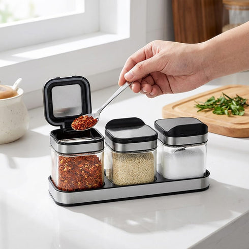 304 Set 3 Counter, Condiment Jar Spice Container with Stainless Steel Lids and Spoons,Clear Glass Condiment Canisters