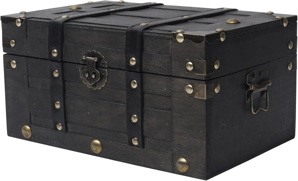 Vintage Wooden Treasure Chest, Decorative Storage Box with Hinged Lid, Black
