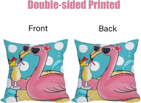 2 Pack Waterproof Outdoor Throw Pillow Covers, 20x20 Inch Flamingo & Tropical Flower Design, Beach Cushion Cases