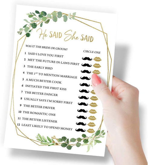 Printed Party Bridal Shower Games – He Said She Said Game with Bride and Groom Trivia, Botanical Greenery Theme