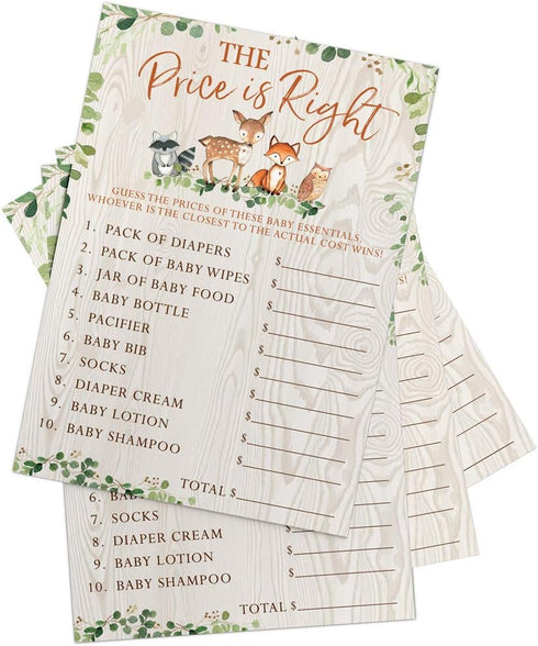 Printed Party Baby Shower Games – The Price is Right Game, Woodland Forest Animals Theme, 50 Cards