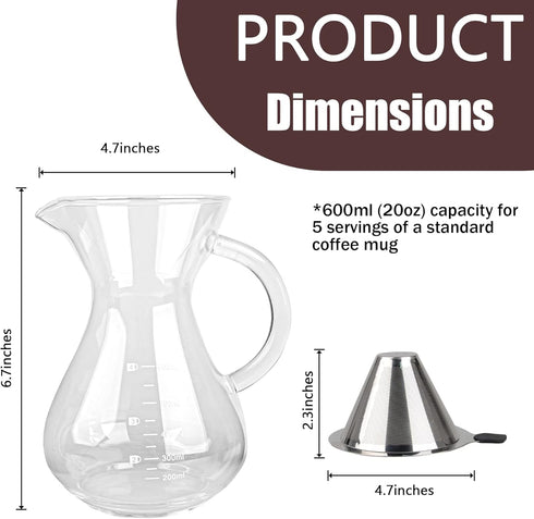 T-mark Pour Over Coffee Maker with Reusable Double-layer Stainless Steel Filter, 600ml/20oz BPA-Free Glass Coffee Carafe, Glass Coffee Maker, Coffee Dripper Brewer by T-mark