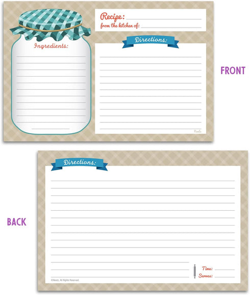 Neatz Mason Jar Recipe Cards - 50 Double Sided Cards, 4x6 inches, Thick Card Stock