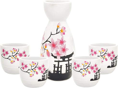 Old Craftsmen's 5 Pcs Japanese Sake Set, 200ml Sake Bottle and 50ml Cup Set, Traditional Hand Painted Design