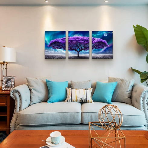 Canvas Wall Art for Living Room, Boho Decor for Bedroom, Aurora Purple Tree Scenery Painting, 12" X 16" 3 Piece