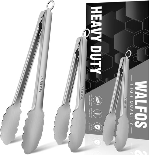 Walfos All Metal Kitchen Tongs: Heavy Duty 600? Heat Resistant Stainless Steel Tongs Set of 3 (7, 9, 12 Inch)