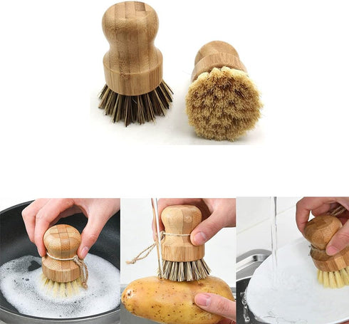 Lokusel 2 Pcs Palm Pot Brush,Bamboo Dish Brush Natural Scrub Brush Coconut Bristles Pot Brushes Dish Scrubber Cleaning
