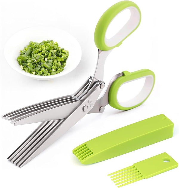 Herb Scissors with 5 Blades and Cover - Multipurpose Kitchen Shears for Cutting and Stripping, Green