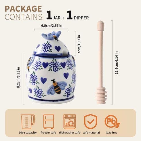 Style,10oz ZOOBEE Ceramic Honey Pots with Dipper and Lid Farmhouse Honey Jar with Dipper,Handpainted Honey Jars