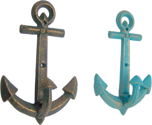 Distressed Blue and Green Anchor Wall Hooks, Set of 2, Coastal Interior Design, Wall Mounted Nautical Decor, 7.5 Inches by Wowser