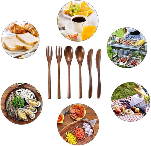 Portable Wooden Spoon Fork Knife Flatware Set with Case, Reusable Travel Utensils Set, 2 Spoons, 2 Forks, 2 Knives