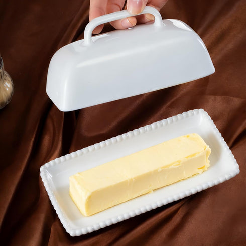 Countertop White Ceramic Butter Dish with Lid-Vintage Pearl Embossed Edge & Large Arc Handle-Keeps Butter Fresh on