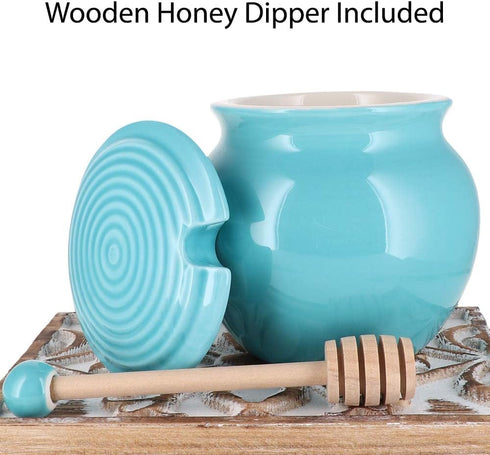 Cottage Creek Honey Jar Keeper, Porcelain Honey Pot with Lid and Wooden Dipper, Honey Storage Container