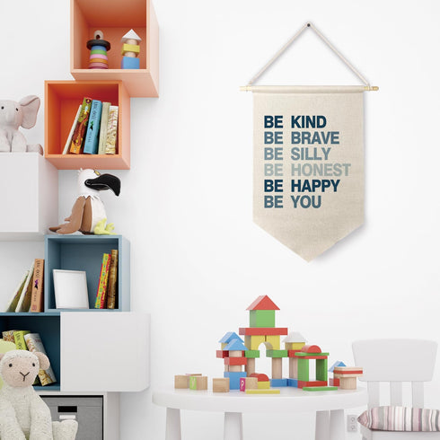 Qpenm Be Kind Be Brave Inspirational Boy Hanging Wall Canvas Banner, Blue Boy Nursery Hanging Pennant Flag Prints