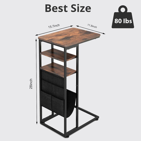 28"(H) 3-Tier C Shaped End Table C Table with Storage Bag, Under Couch Table C-Shaped End Table with Storage Shelves