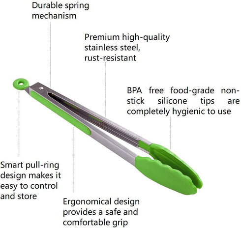 Kitchen Tongs Set of 2 – 9 inch & 12 inch – Stainless Steel Food Tongs with Silicone Tips – Premium Locking Non-stick Tongs for Cooking, BBQ, Grilling, Salad - Heavy Duty, BPA Free(Green) by HiramWare