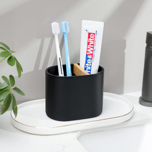rejomiik Thick Resin Toothbrush Holders, Bamboo Bathroom Countertop Organizer for Toiletries and Beauty Accessories