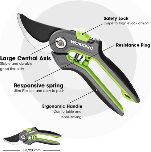WORKPRO Bypass Pruning Shears, 8’’ Stainless Steel Gardening Hand Pruner with Sharp SK5 Steel Blades