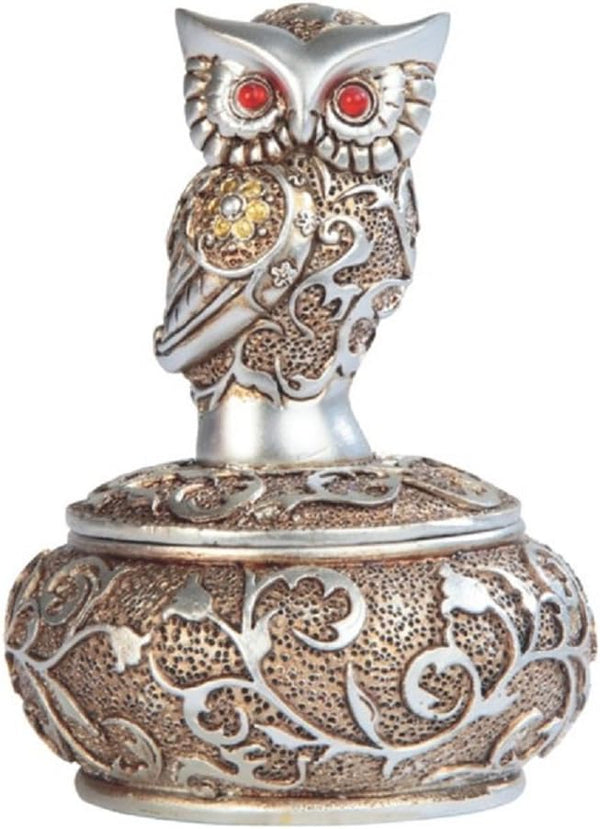 George S. Chen Imports SS-G-54365, 4 Inch Silver and Bronze Owl Trinket Box with Red Gems