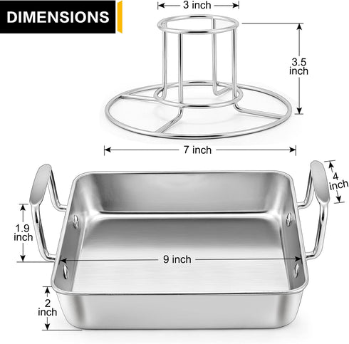 P&P CHEF Beer Can Chicken Holder with Roasting Pan Set | 9-inch Stainless Steel Baking Pan and Chicken Rack