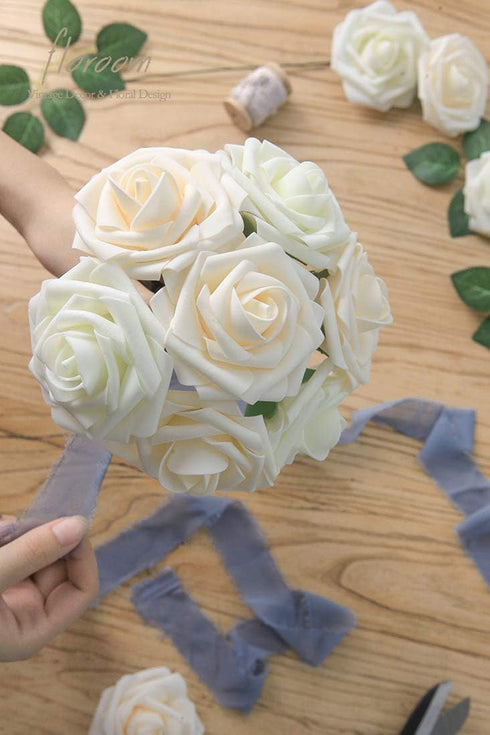 Floroom 25pcs Real Looking Ivory Foam Fake Roses with Stems for DIY Wedding Bouquets, Party Decorations