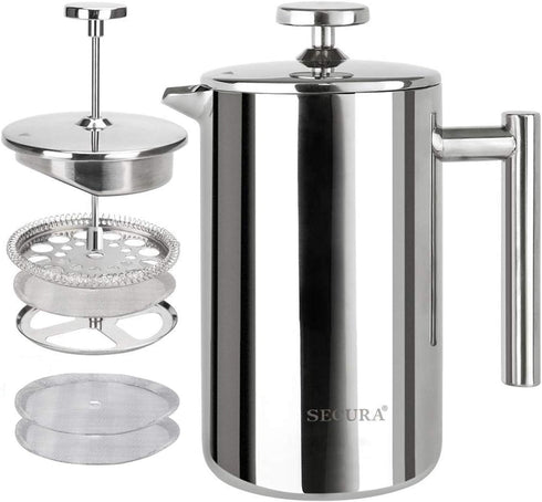 Secura French Press Coffee Maker, 304 Grade Stainless Steel Insulated Coffee Press, 17oz (0.5 Litre), Silver