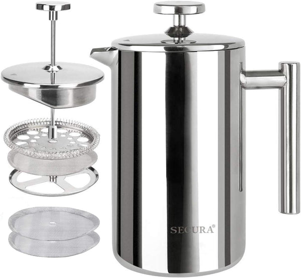 Secura French Press Coffee Maker, 304 Grade Stainless Steel Insulated Coffee Press, 17oz (0.5 Litre), Silver