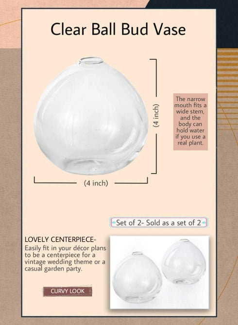 Serene Spaces Living Set of 2 Clear Ball Bud Vase - Vintage Style Vase for Flowers, 4" Tall and 4" Diameter