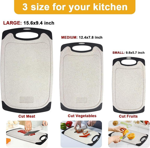 Plastic Chopping Board Set of 3 with Non-Slip Feet, Juice Grooves, Easy Grip Handle, BPA Free