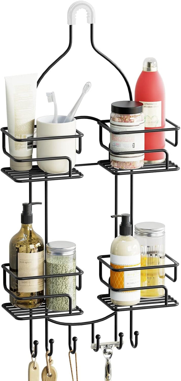 SRIWATANA Hanging Shower Caddy Over Head, Bathroom Shower Organizer Rack Holder with Hooks for Razors, Black
