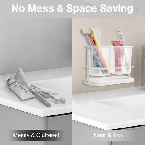 White Toothbrush Holders for Bathrooms, Wall Mounted with 2 Cup, Dry & Wet Separation, Bathroom Countertop Organizer Set