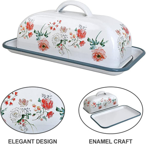 7.5 Inch Countertop Enameled Farmhouse Vintage Butter Dish with Lid, Durable Kitchen Food Storage Container