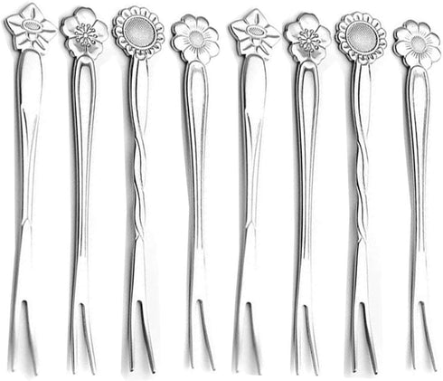 8Pcs 4.9 Inch Stainless Steel Flower Forks, Small Pickle Dessert Cake Forks for Banquet Party Seafood Cocktail