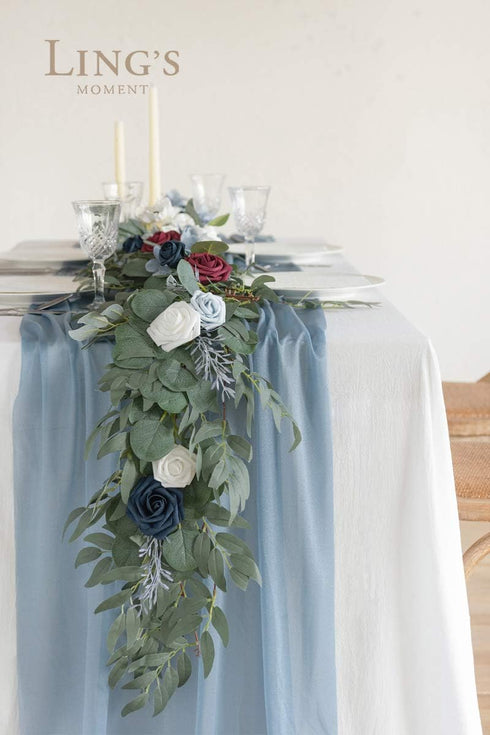 Ling's Moment 14Ft Dusty Blue Sheer Chiffon Table Runner with Silver Sparkle for Rustic Boho Wedding Party Decorations