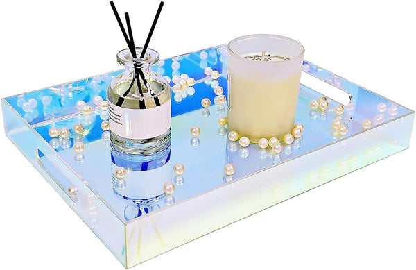 ROYALITA Iridescent Acrylic Tray with Handles, 12X9 Inch Serving Tray Spill Proof,