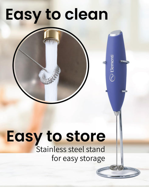 Elementi Portable Electric Milk Frother, Matcha Whisk, Mini Electric Hand Blender for Coffee, Periwinkle