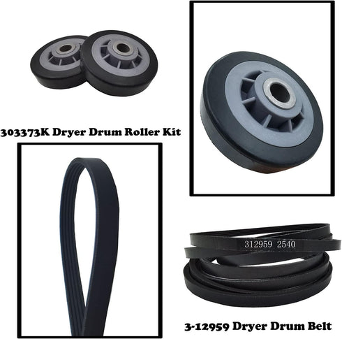 12001541 303373 Dryer Drum Roller Kit & 3-12959 Belt Replacement, Suitable for Maytag, Kenmore, Crosley