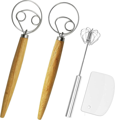 Danish Dough Whisk Kits - 2 Pack Premium Stainless Steel Dutch Whisk & 1 Pack Hand Push Rotary Whisk Blender