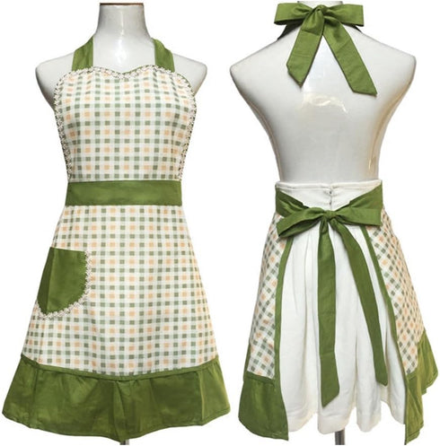 Cute Unique Design Women Girls Retro Apron with Chic Pocket for Cooking Kitchen, Green