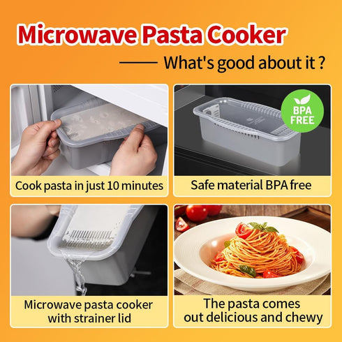Microwave Pasta Cooker with Strainer Lid, Makes 4 Servings Quickly and Easily, Perfect for Dorm and Kitchen (Gray)